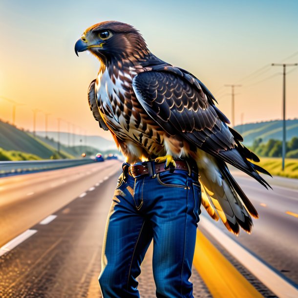 Foto de un halcón en un vaquero en la carretera