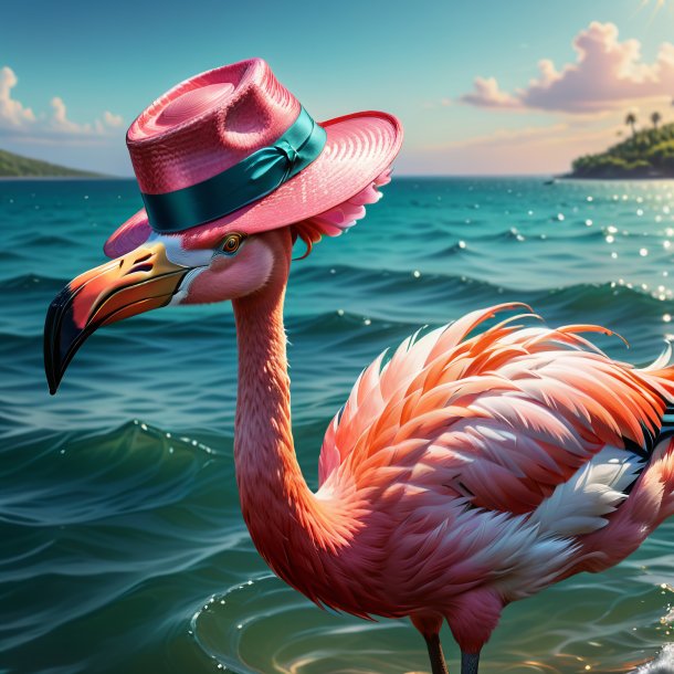 Desenho de um flamingo em um chapéu no mar