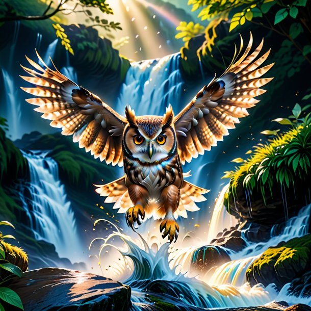 Image of a jumping of a owl in the waterfall