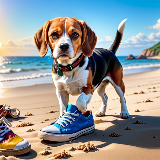 Image of a beagle in a shoes on the beach