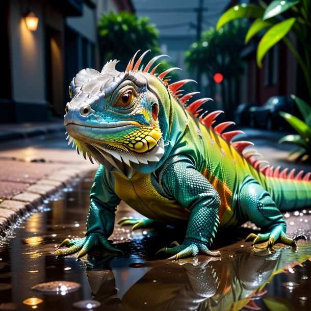 Foto de uma iguana em uma luvas na poça