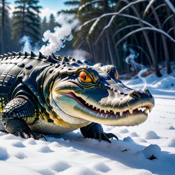 Pic of a smoking of a alligator in the snow