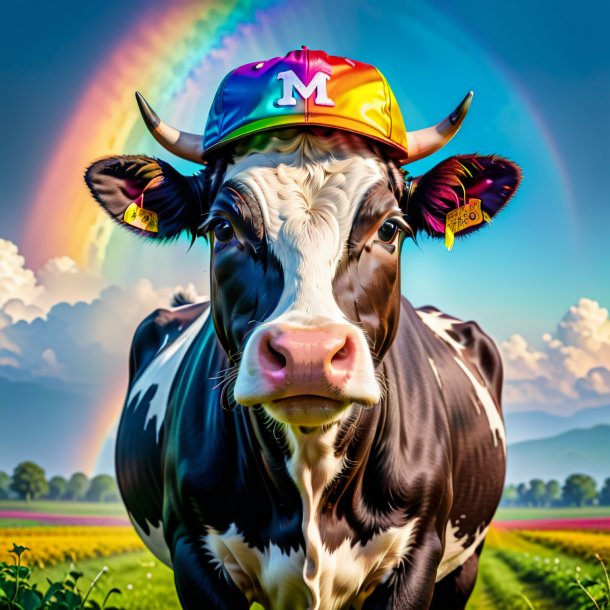 Image d'une vache dans une casquette sur l'arc-en-ciel