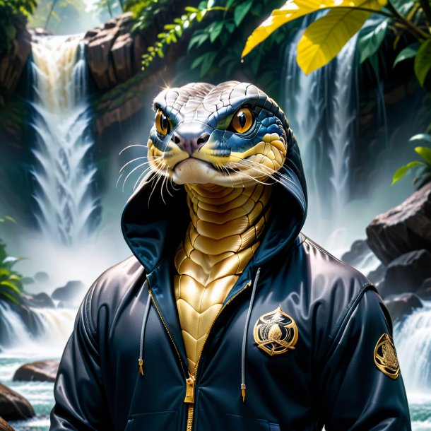 Photo of a king cobra in a hoodie in the waterfall