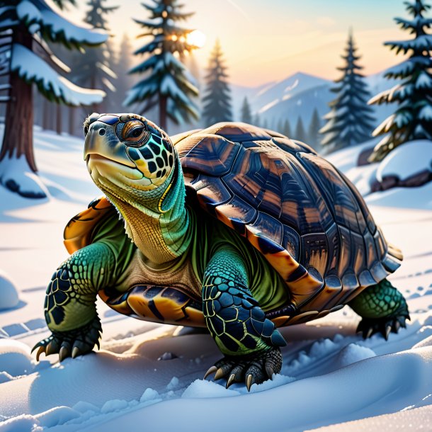 Illustration of a tortoise in a belt in the snow