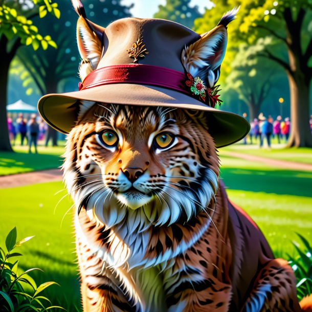 Picture of a lynx in a hat in the park