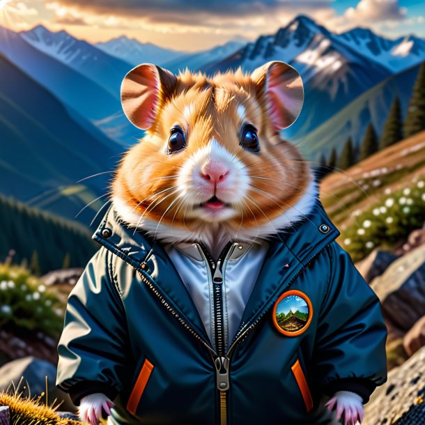 Imagem de um hamster em uma jaqueta nas montanhas