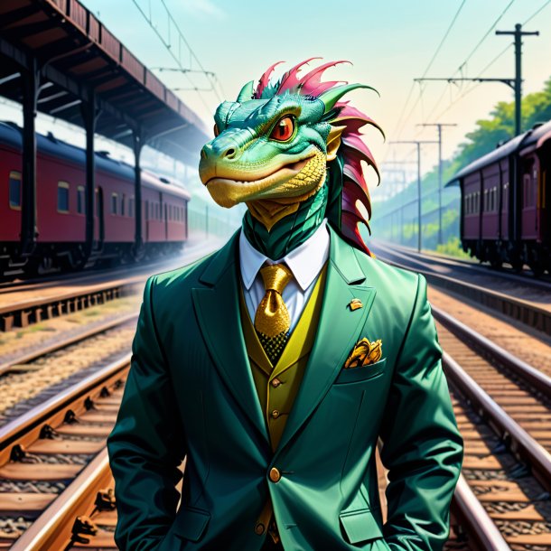 Drawing of a basilisk in a jacket on the railway tracks