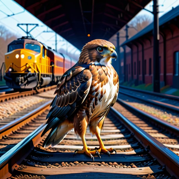 Drawing of a hawk in a coat on the railway tracks