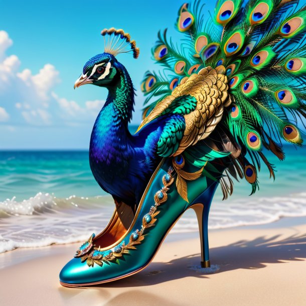 Foto de un pavo real en un zapato en el mar