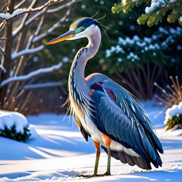 Foto de una garza en una falda en la nieve