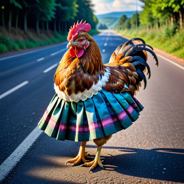 Pic d'une poule dans une jupe sur la route