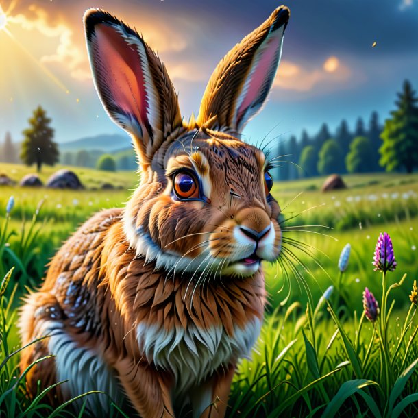 Image of a crying of a hare in the meadow