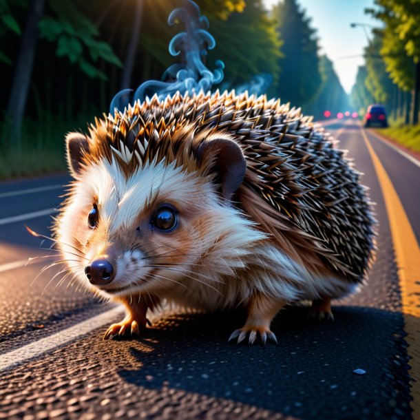 Pic of a smoking of a hedgehog on the road