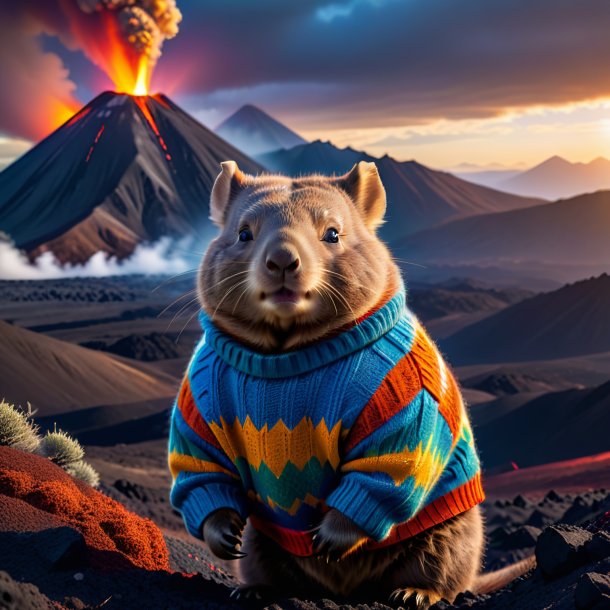 Foto de um wombat em um suéter no vulcão