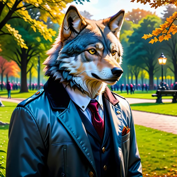 Foto de un lobo en una chaqueta en el parque