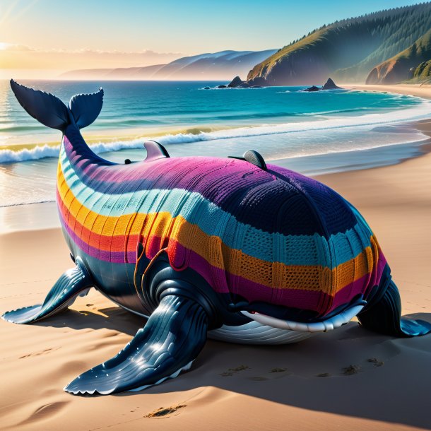 Image of a whale in a sweater on the beach