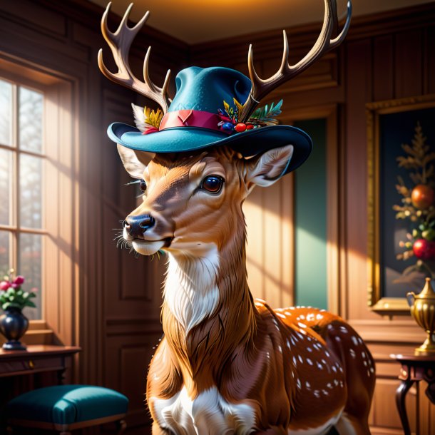 Illustration of a deer in a hat in the house