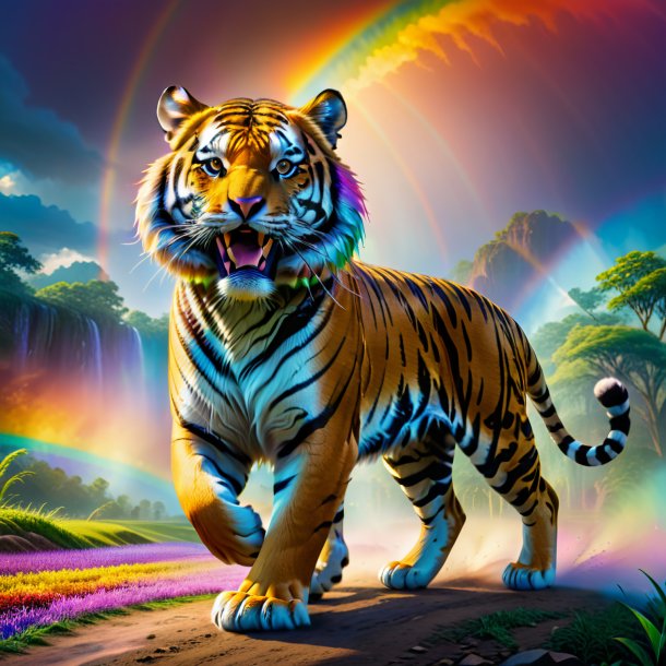 Photo of a dancing of a tiger on the rainbow