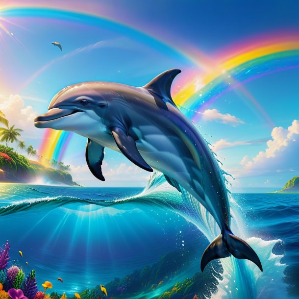 Picture of a playing of a dolphin on the rainbow