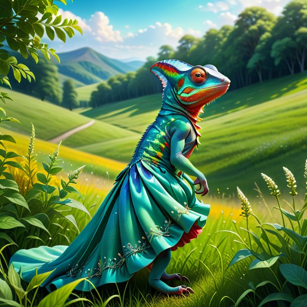 Illustration of a chameleon in a dress in the meadow