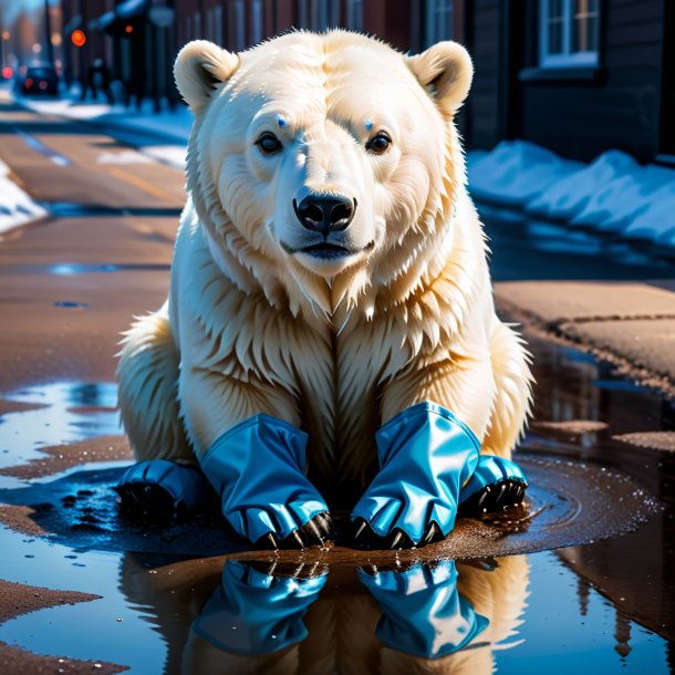 Picture of a polar bear in a gloves in the puddle