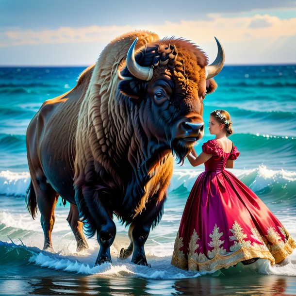 Imagen de un bisonte en un vestido en el mar