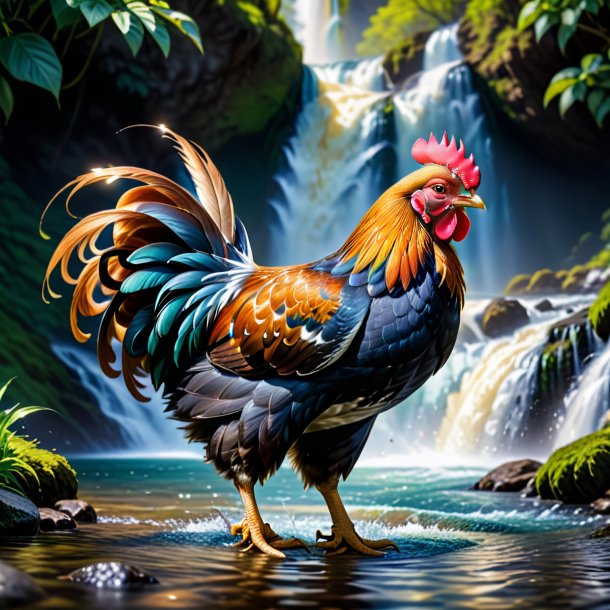 Picture of a hen in a trousers in the waterfall