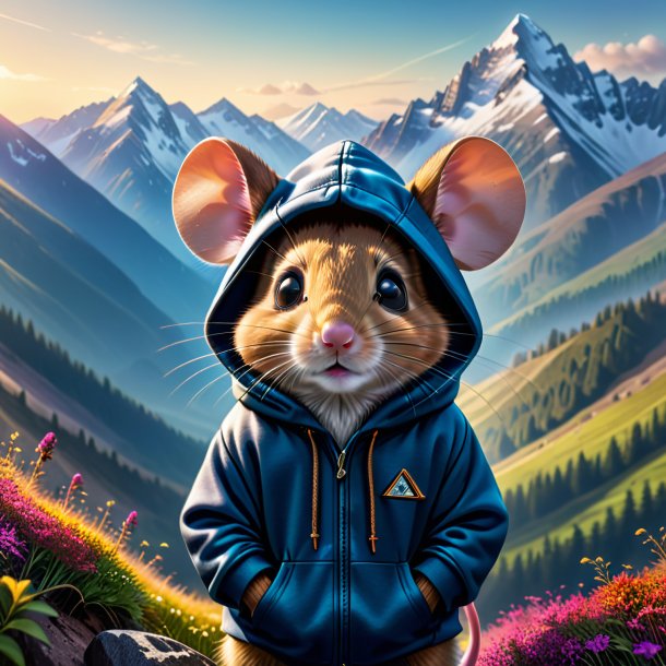 Image of a mouse in a hoodie in the mountains