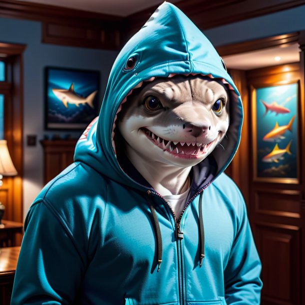 Photo of a shark in a hoodie in the house