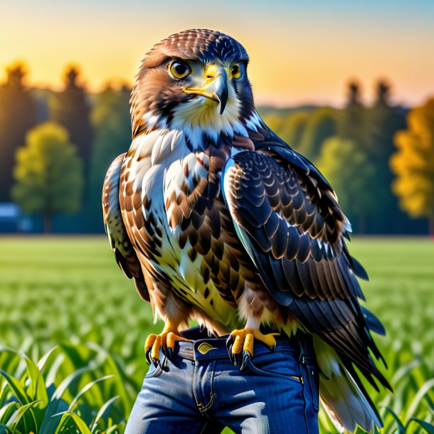 Image of a hawk in a jeans on the field