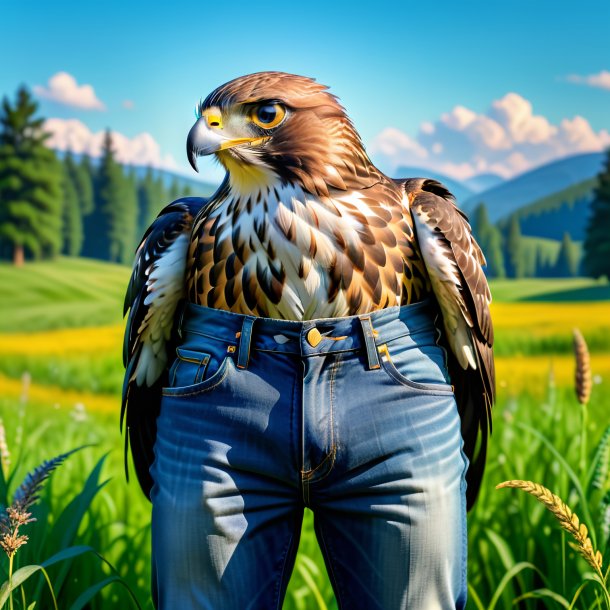 Imagem de um falcão em um jeans no prado