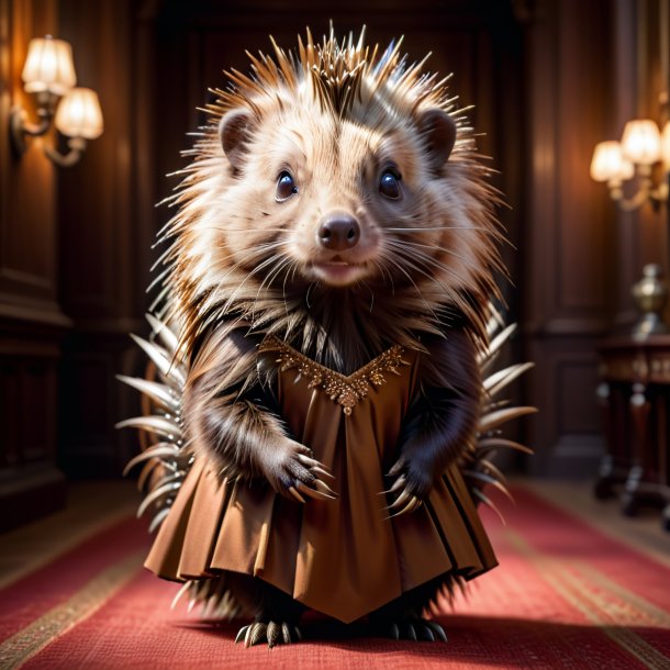 Photo of a porcupine in a brown dress