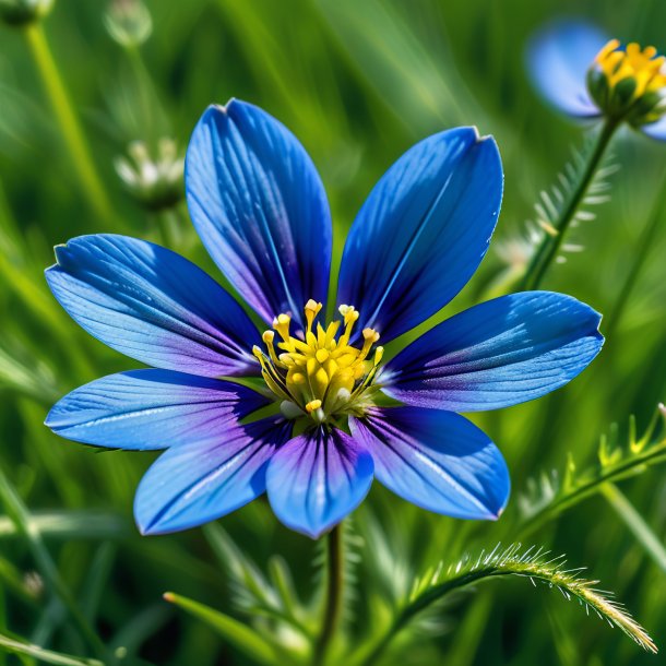 "portrait of a blue crowfoot, meadow"