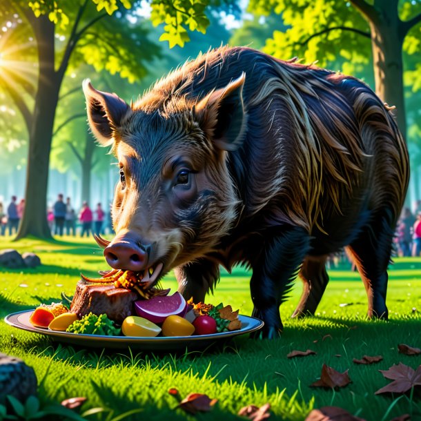 Imagem de um comer de um javali no parque