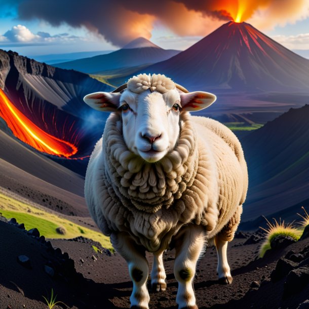 Photo of a sheep in a belt in the volcano