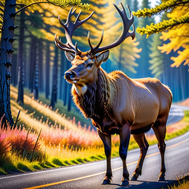 Image of a elk in a belt on the road