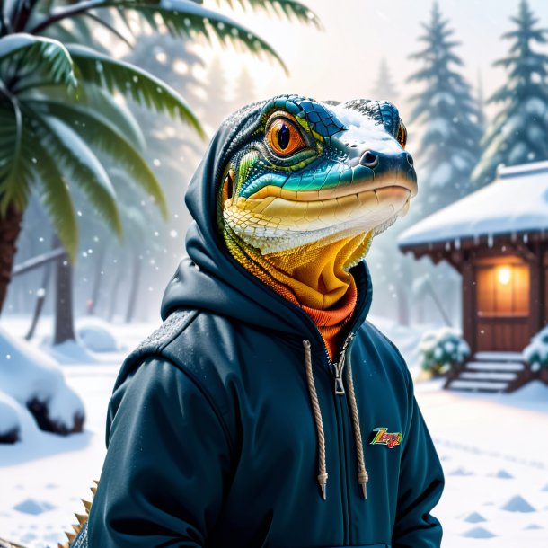 Foto de un lagarto monitor en una sudadera con capucha en la nieve