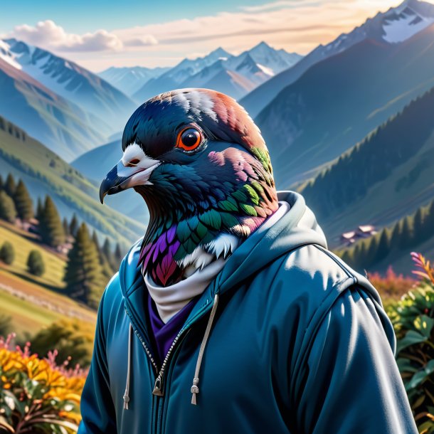 Image of a pigeon in a hoodie in the mountains