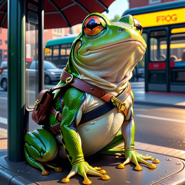 Drawing of a frog in a belt on the bus stop