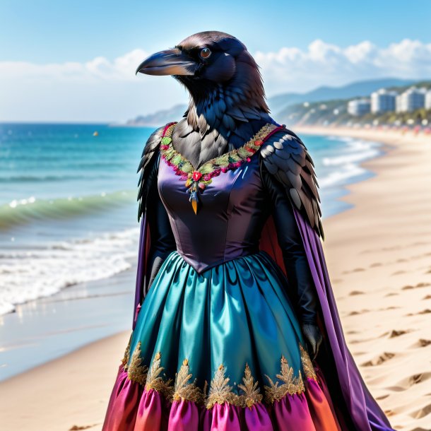 Foto de un cuervo en un vestido en la playa