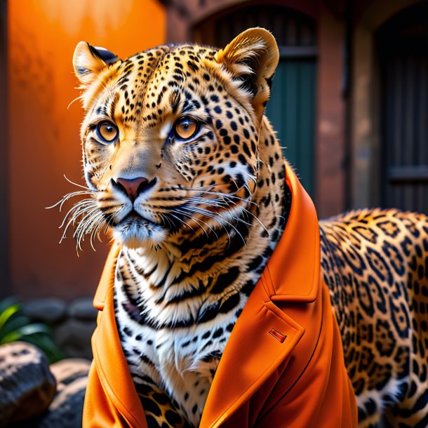 Imagen de un leopardo en un abrigo naranja