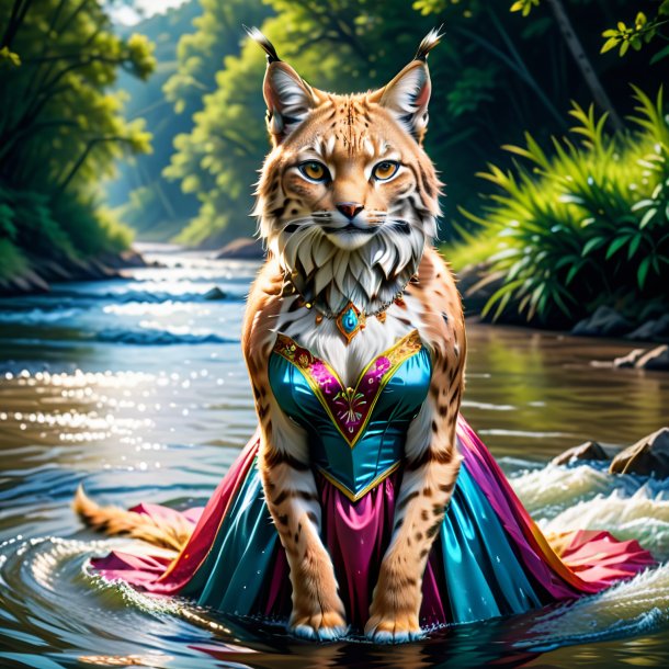 Illustration of a lynx in a dress in the river