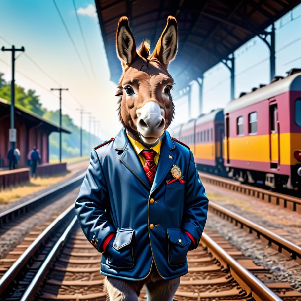 Picture of a donkey in a jacket on the railway tracks