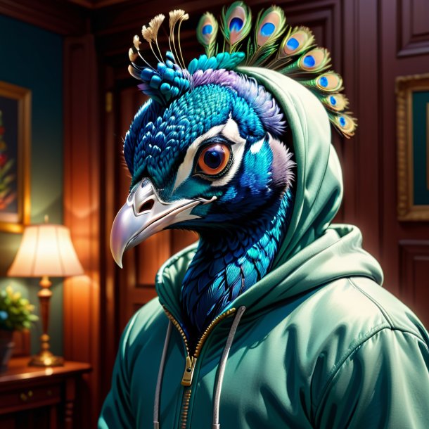 Drawing of a peacock in a hoodie in the house