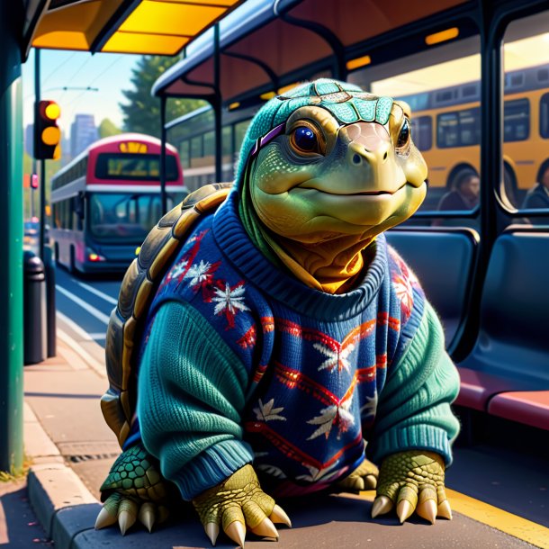 Illustration of a tortoise in a sweater on the bus stop