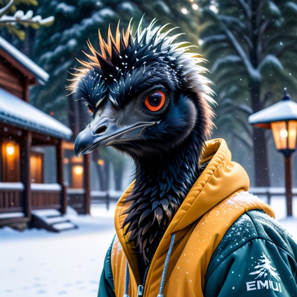 Foto de un emu en una sudadera con capucha en la nieve