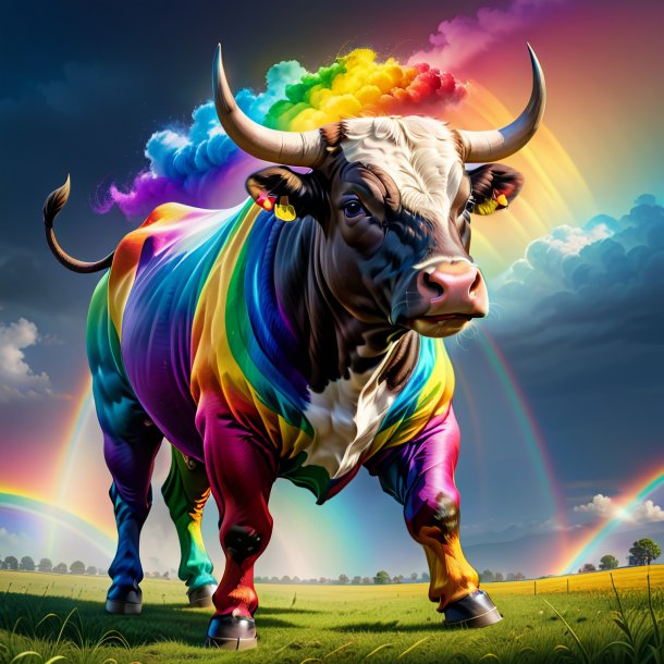 Drawing of a bull in a trousers on the rainbow