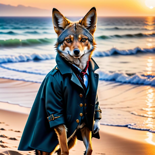 Image of a jackal in a coat on the beach