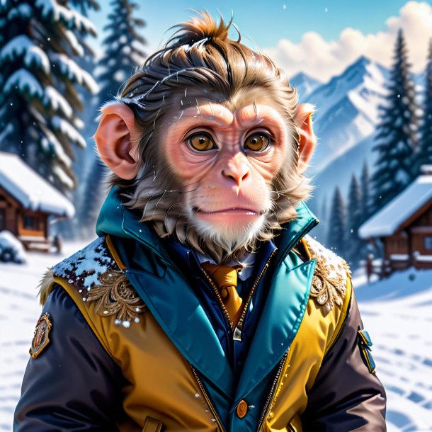 Photo of a monkey in a jacket in the snow